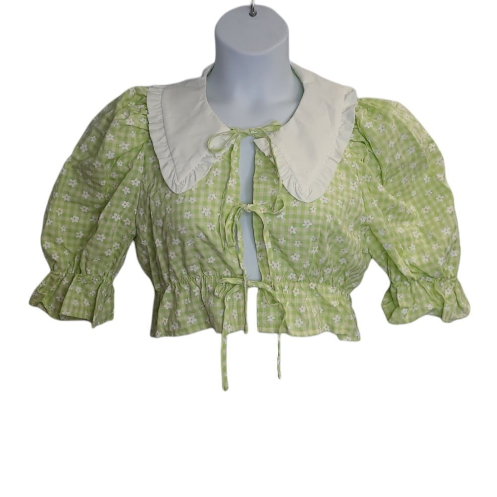 New Cider Green Puff Sleeve Tea Party Daisy Crop Top With Tie Front M — image 2 of 8